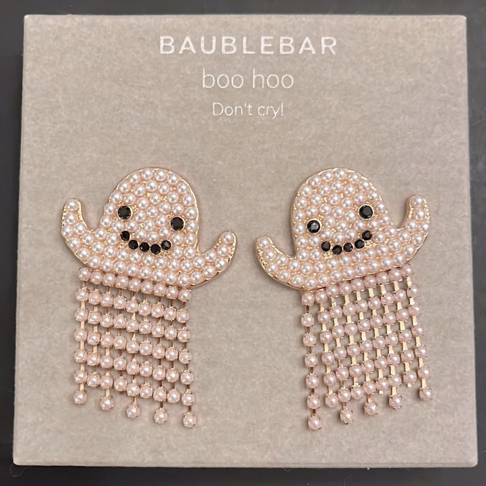 Brand New BaubleBar Faux Pearl Ghost Dangle Halloween Earrings Beaded Festive